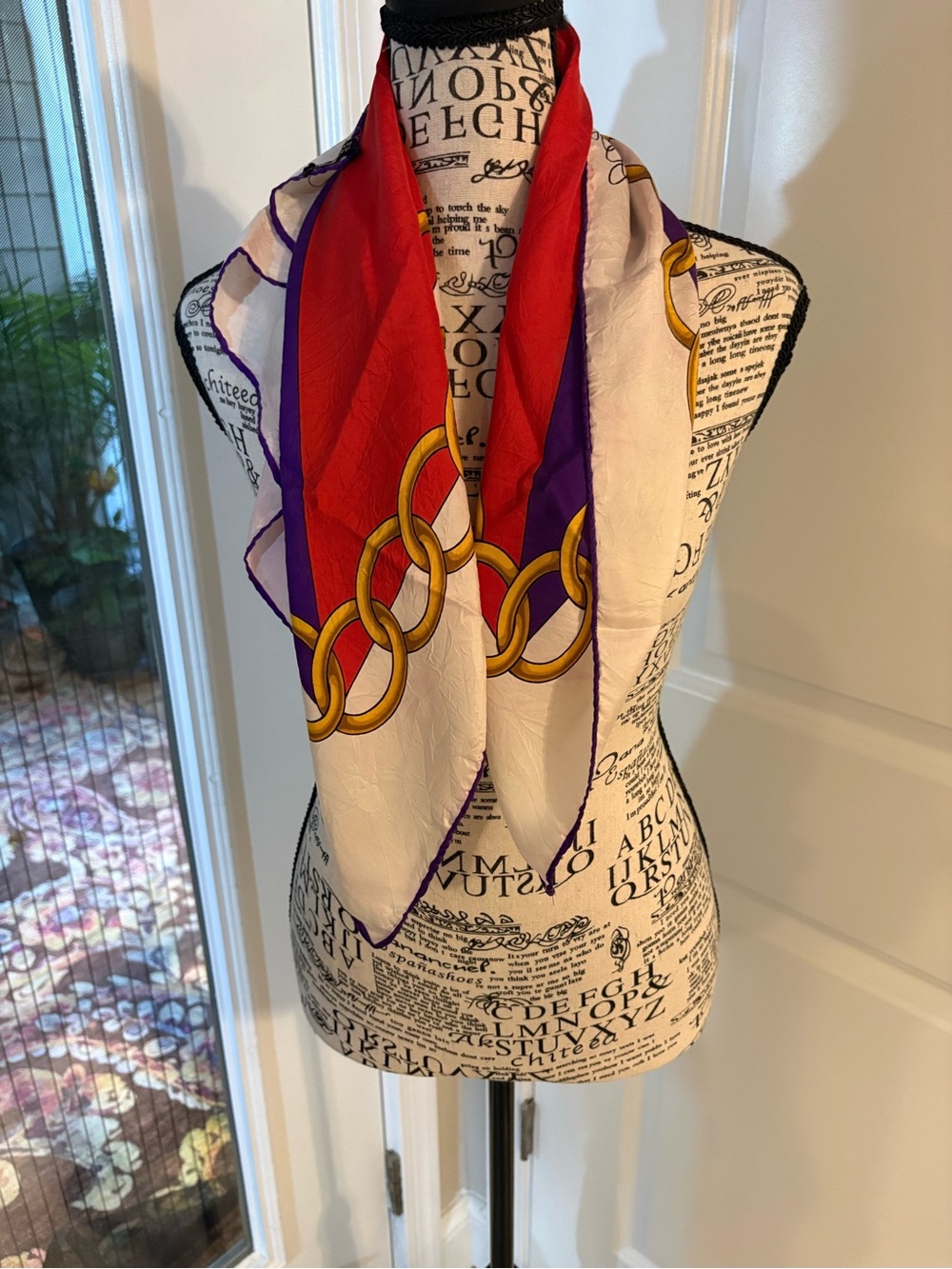 Oleg Cassini Red, Purple, White & Gold Chain-Print Silk Scarf